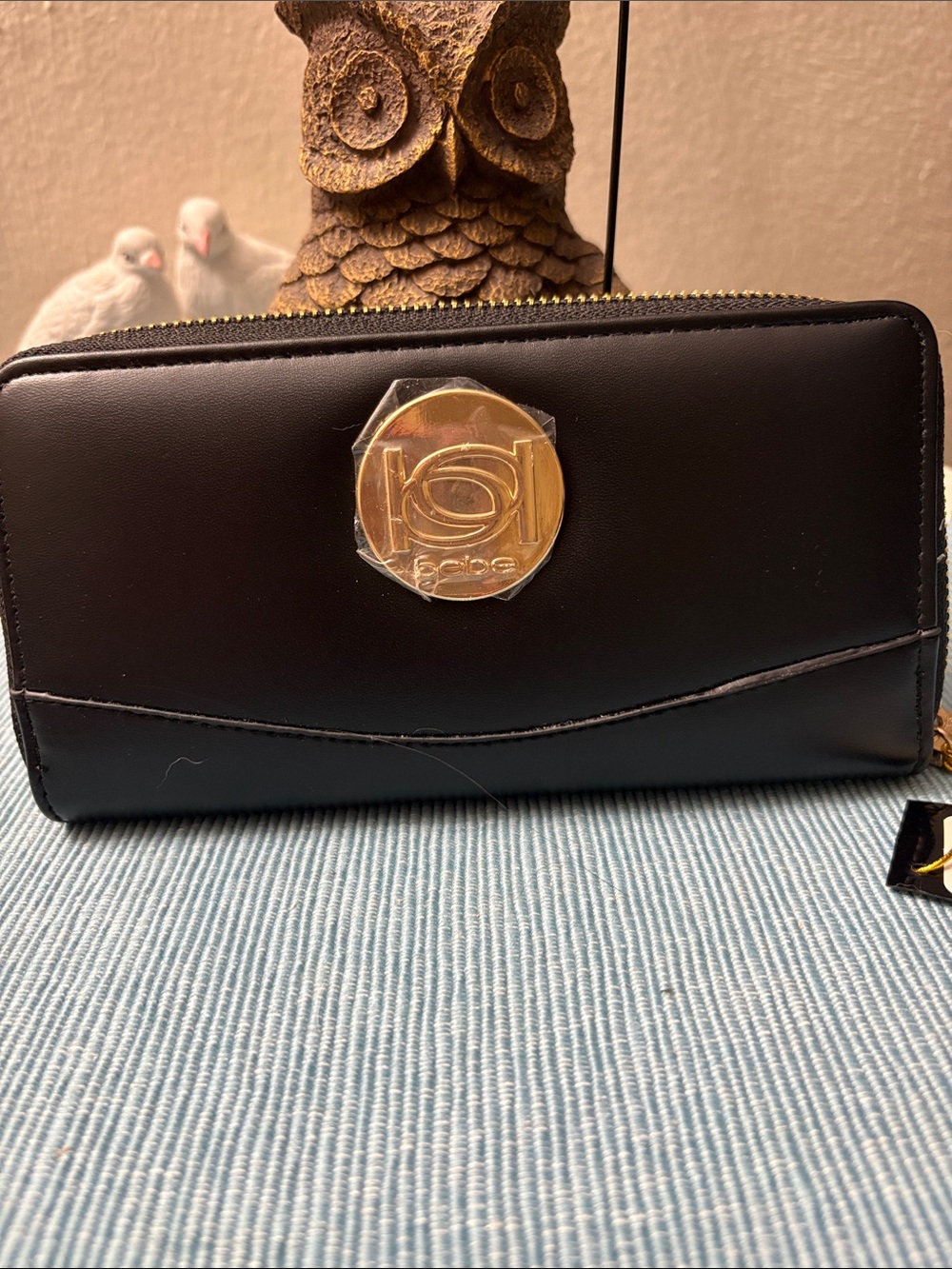 bebe Black Wallet with Gold Medallion Accent